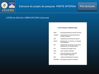 LISTAS de SIGLAS e ABREVIATURAS (Opcional)
Estrutura do projeto de pesquisa PARTE INTERNA Pré-textuais
LISTA DE SIGLAS E ABREVIATURAS
ABNT Associação Brasileira de Normas Técnicas
CODESP Coordenadoria de Desenvolvimento de
Eventos e Esportes
DCE Departamento de Ciencias do Esporte
DEAFA Departamento de Estudos de Atividade
Física Adaptada
DEL Departamento de Estudos do Lazer DEM
Departamento de Educação Motora
FEF Faculdade de Educação Física
GGU Grupo Ginástico UNICAMP
GET Grupo de Estudos do Tênis NBR
Norma Brasileira Registrada
SBU Sistema de Bibliotecas da Unicamp
UNICAMP Universidade Estadual de Campinas
 