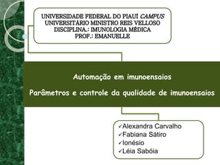 Automação em imunoensaios
Parâmetros e controle da qualidade de imunoensaios
Alexandra Carvalho
Fabiana Sátiro
Ionésio
Léia Sabóia
 