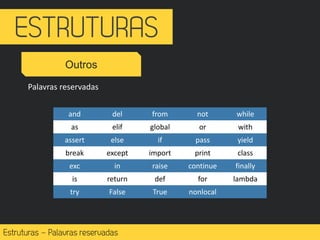 –
Outros
Palavras reservadas
and del from not while
as elif global or with
assert else if pass yield
break except import print class
exc in raise continue finally
is return def for lambda
try False True nonlocal
 