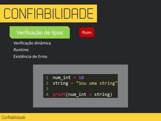 Verificação de tipos
Verificação dinâmica
Runtime
Existência de Erros
Ruim
 