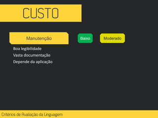 Manutenção Baixo
Boa legibilidade
Vasta documentação
Depende da aplicação
Moderado
 