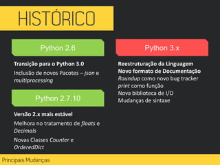 Python 2.6
Transição para o Python 3.0
Inclusão de novos Pacotes – json e
multiprocessing
Python 3.x
Reestruturação da Linguagem
Novo formato de Documentação
Roundup como novo bug tracker
print como função
Nova biblioteca de I/O
Mudanças de sintaxePython 2.7.10
Versão 2.x mais estável
Melhora no tratamento de floats e
Decimals
Novas Classes Counter e
OrderedDict
 
