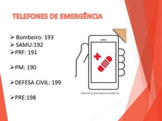  Bombeiro: 193
 SAMU:192
PRF: 191
PM: 190
DEFESA CIVIL: 199
PRE:198
 