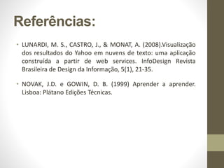 Referências:
• LUNARDI, M. S., CASTRO, J., & MONAT, A. (2008).Visualização
dos resultados do Yahoo em nuvens de texto: uma aplicação
construída a partir de web services. InfoDesign Revista
Brasileira de Design da Informação, 5(1), 21-35.
• NOVAK, J.D. e GOWIN, D. B. (1999) Aprender a aprender.
Lisboa: Plátano Edições Técnicas.
 