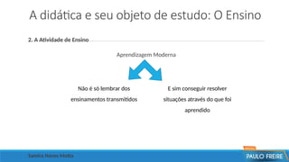 A didática e seu objeto de estudo: O Ensino
2. A Atividade de Ensino
Aprendizagem Moderna
Samira Naves Motta
Não é só lembrar dos
ensinamentos transmitidos
E sim conseguir resolver
situações através do que foi
aprendido
 