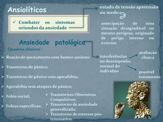 Quadros clínicos :
Ansiolíticos
 Combater os sintomas
oriundos da ansiedade
estado de tensão apreensão
ou medo
antecipação de uma
situação desagradável ou
mesmo perigosa, originado
de perigo interno ou
externo.Ansiedade patológica
interferências
no desempenho
normal do
indivíduo
avaliação
clínica
possível
tratamento
 Reação de ajustamento com humor ansioso;
 Transtorno de pânico;
 Transtorno de pânico com agorafobia;
 Agorafobia sem ataques de pânico;
 Fobia social;
 Fobias específicas;
 Transtornos Obsessivos
Compulsivos;
 Transtorno de ansiedade
generalizada;
 Transtorno de estresse pós-
traumático.
 