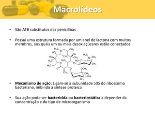 Macrolídeos
• São ATB substitutos das penicilinas

• Possui uma estrutura formada por um anel de lactona com muitos
  membros, aos quais um ou mais desoxiaçúcares estão conectados




• Mecanismo de ação: Ligam-se à subunidade 50S do ribossomo
  bacteriano, inibindo a síntese proteica

• Sua ação pode ser bactericida ou bacteriostática a depender da
  concentração e do tipo de microorganismo
 