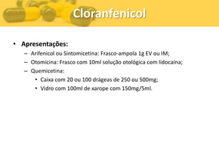 Cloranfenicol

• Apresentações:
   – Arifenicol ou Sintomicetina: Frasco-ampola 1g EV ou IM;
   – Otomicina: Frasco com 10ml solução otológica com lidocaína;
   – Quemicetina:
      • Caixa com 20 ou 100 drágeas de 250 ou 500mg;
      • Vidro com 100ml de xarope com 150mg/5ml.
 