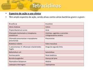 Tetraciclinas
• Espectro de ação e uso clínico
•   Têm amplo espectro de ação, sendo ativas contra várias bactérias gram+ e gram-

    Brucella sp                                   brucelose
    Vibrio cholerae                               Cólera
    Propionibacterium acnes                       Acne
    Chlamydia trachomatis e Ureaplasma            Uretrites, vaginites e cervicites
    urealyticum                                   Linfogranuloma venério
    Chlamydia pneumoniae e mycoplasma             Pneumonias
    pneumoniae
    Rickettsia rickettsi                          Febre maculosa
    S. pneumoniae; H. influenzae e bacterioides   Droga de segunda linha
    fragilis
    Ballantidium coli                             balantidíase
    Yersínea pestis                               Peste bubônica
    Borrelia burgdorferi                          Doença de lyme
    Plasmodium falciparum                         Malária
    Leptospira interrogans                        Leptospirose
 