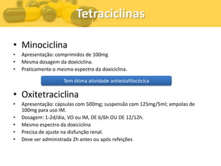 Tetraciclinas

• Minociclina
•   Apresentação: comprimidos de 100mg
•   Mesma dosagem da doxiciclina.
•   Praticamente o mesmo espectro da doxiciclina.

                     Tem ótima atividade antiestafilocócica

• Oxitetraciclina
•   Apresentação: cápsulas com 500mg; suspensão com 125mg/5ml; ampolas de
    100mg para uso IM.
•   Dosagem: 1-2d/dia, VO ou IM, DE 6/6h OU DE 12/12h.
•   Mesmo espectro da doxiciclina
•   Precisa de ajuste na disfunção renal.
•   Deve ser administrada 2h antes ou após refeições
 