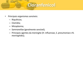 Cloranfenicol

• Principais organismos sensíveis:
   – Riquétsias;
   – Clamídia;
   – Micoplasma;
   – Samnonellae (geralmente sensível);
   – Principais agentes da meningite (H. influenzae, S. pneumoniae e N.
      meningitidis);
 