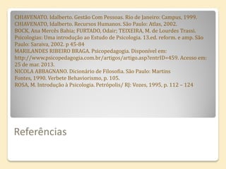 CHIAVENATO. Idalberto. Gestão Com Pessoas. Rio de Janeiro: Campus, 1999.
CHIAVENATO, Idalberto. Recursos Humanos. São Paulo: Atlas, 2002.
BOCK, Ana Mercês Bahia; FURTADO, Odair; TEIXEIRA, M. de Lourdes Trassi.
Psicologias: Uma introdução ao Estudo de Psicologia. 13.ed. reform. e amp. São
Paulo: Saraiva, 2002. p 45-84
MARILANDES RIBEIRO BRAGA. Psicopedagogia. Disponível em:
http://www.psicopedagogia.com.br/artigos/artigo.asp?entrID=459. Acesso em:
25 de mar. 2013.
NICOLA ABBAGNANO. Dicionário de Filosofia. São Paulo: Martins
Fontes, 1990. Verbete Behaviorismo, p. 105.
ROSA, M. Introdução à Psicologia. Petrópolis/ RJ: Vozes, 1995, p. 112 – 124




Referências
 