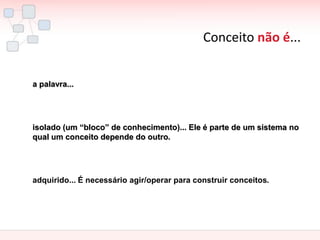 Conceito não é... 
a palavra... 
isolado (um “bloco” de conhecimento)... Ele é parte de um sistema no qual um conceito depende do outro. 
adquirido... É necessário agir/operar para construir conceitos.  
