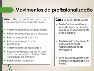Movimentos da profissionalização
Wise (1990) apresenta seis passos para
a profissionalização dos professores:

 Reforma da formação do professor,
 Reforma da autorização e titulação

Case e outros (1986, p. 36)
 Profissão: termo utilizado
para designar ocupação
que requer conhecimento
especializado.

 Reestruturação das escolas,
 Reforma da organização
profissional,
 Reforma da responsabilidade,
 Responsabilização dos professores
sobre a construção, distribuição e
valorização do currículo.
 Reforma dos incentivos.

 Profissionalização docente
como processo de
responsabilização do
professor, e
 Função socializadora com
enfoque na qualidade do
ensino.

 