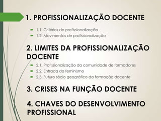 1. PROFISSIONALIZAÇÃO DOCENTE
 1.1. Critérios de profissionalização
 1.2. Movimentos de profissionalização

2. LIMITES DA PROFISSIONALIZAÇÃO
DOCENTE
 2.1. Profissionalização da comunidade de formadores
 2.2. Entrada do feminismo
 2.3. Futuro sócio geográfico da formação docente

3. CRISES NA FUNÇÃO DOCENTE
4. CHAVES DO DESENVOLVIMENTO
PROFISSIONAL

 