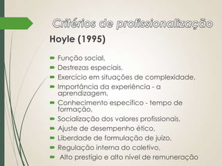 Hoyle (1995)











Função social,
Destrezas especiais,
Exercício em situações de complexidade,
Importância da experiência - a
aprendizagem,
Conhecimento específico - tempo de
formação,
Socialização dos valores profissionais,
Ajuste de desempenho ético,
Liberdade de formulação de juízo,
Regulação interna do coletivo,
Alto prestígio e alto nível de remuneração

 