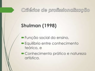 Shulman (1998)
Função social do ensino,

Equilíbrio entre conhecimento
teórico, e
Conhecimento prático e natureza
artística.

 