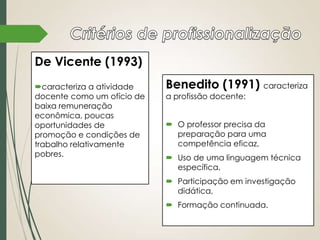 De Vicente (1993)
caracteriza a atividade
docente como um ofício de
baixa remuneração
econômica, poucas
oportunidades de
promoção e condições de
trabalho relativamente
pobres.

Benedito (1991) caracteriza
a profissão docente:

 O professor precisa da
preparação para uma
competência eficaz,
 Uso de uma linguagem técnica
específica,
 Participação em investigação
didática,
 Formação continuada.

 