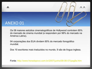 ANEXO 01 Os 08 maiores estúdios cinematográficos de Hollywood controlam 85% do mercado de cinema mundial (e respondem por 98% do mercado na América Latina). 04 corporações dos EUA dividem 85% do mercado fonográfico mundial. Dos 10 escritores mais traduzidos no mundo, 9 são de língua inglesa. Fonte:  http://www.horadopovo.com.br/2007/junho/08-06-07/pag8a.htm 