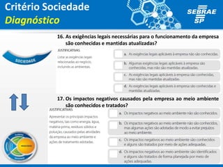 16. As exigências legais necessárias para o funcionamento da empresa
são conhecidas e mantidas atualizadas?
17. Os impactos negativos causados pela empresa ao meio ambiente
são conhecidos e tratados?
Critério Sociedade
Diagnóstico
 