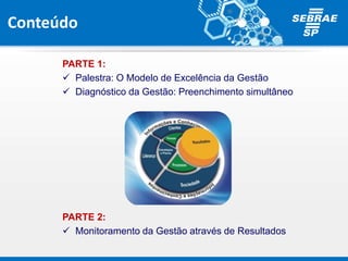 Conteúdo
PARTE 1:
 Palestra: O Modelo de Excelência da Gestão
 Diagnóstico da Gestão: Preenchimento simultâneo
PARTE 2:
 Monitoramento da Gestão através de Resultados
 