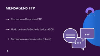 MENSAGENS FTP
Modo de transferência de dados: ASCII
9
Comandos e Respostas FTP
Comandos e respotas curtas (1 linha)
 