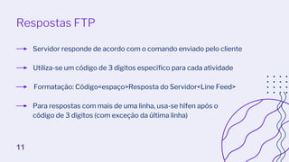 Respostas FTP
Servidor responde de acordo com o comando enviado pelo cliente
Utiliza-se um código de 3 dígitos específico para cada atividade
Formatação: Código<espaço>Resposta do Servidor<Line Feed>
Para respostas com mais de uma linha, usa-se hífen após o
código de 3 dígitos (com exceção da última linha)
11
 