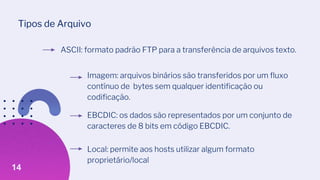 ASCII: formato padrão FTP para a transferência de arquivos texto.
Tipos de Arquivo
Imagem: arquivos binários são transferidos por um fluxo
contínuo de bytes sem qualquer identificação ou
codificação.
EBCDIC: os dados são representados por um conjunto de
caracteres de 8 bits em código EBCDIC.
Local: permite aos hosts utilizar algum formato
proprietário/local
14
 