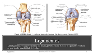 Ligamentos
Fonte: NETTER, Frank H.. Atlas de Anatomia Humana. 2ed. Porto Alegre: Artmed, 2000.
Cada ligamento possui especialmente sua função, porém a junção de todos os ligamentos resultam
em uma função, a estabilidade do joelho.
20/06/2017 Biomecânica do Joelho 8
 