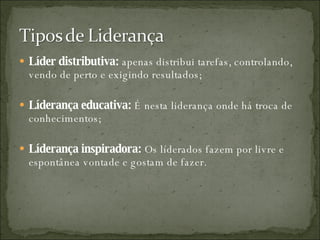 Líder distributiva:  apenas distribui tarefas, controlando, vendo de perto e exigindo resultados; Líderança educativa:  É nesta liderança onde há troca de conhecimentos; Líderança inspiradora:  Os líderados fazem por livre e espontânea vontade e gostam de fazer. 