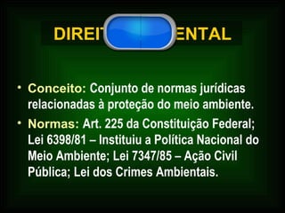 DIREITO AMBIENTAL Conceito:   Conjunto de normas jurídicas relacionadas à proteção do meio ambiente.  Normas:   Art. 225 da Constituição Federal;  Lei 6398/81 – Instituiu a Política Nacional do Meio Ambiente; Lei 7347/85 – Ação Civil Pública; Lei dos Crimes Ambientais. 