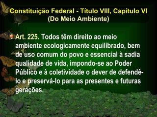 Constituição Federal - Título VIII, Capítulo VI (Do Meio Ambiente) Art. 225.   Todos têm direito ao meio  ambiente ecologicamente equilibrado, bem de uso comum do povo e essencial à sadia qualidade de vida, impondo-se ao Poder Público e à coletividade o dever de defendê-lo e preservá-lo para as presentes e futuras gerações. 