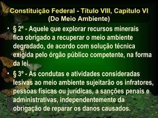 Constituição Federal - Título VIII, Capítulo VI (Do Meio Ambiente) § 2º -   Aquele que explorar recursos minerais  fica obrigado a recuperar o meio ambiente degradado, de acordo com solução técnica exigida pelo órgão público competente, na forma da lei. § 3º -   As condutas e atividades consideradas lesivas ao meio ambiente sujeitarão os infratores, pessoas físicas ou jurídicas, a sanções penais e administrativas, independentemente da obrigação de reparar os danos causados. 
