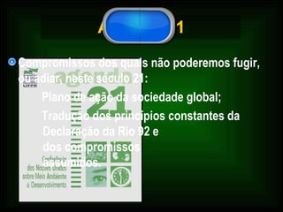 Agenda 21 Compromissos dos quais não poderemos fugir, ou adiar, neste século 21: Plano de ação da sociedade global; Tradução dos princípios constantes da Declaração da Rio 92 e  dos compromissos  assumidos.  