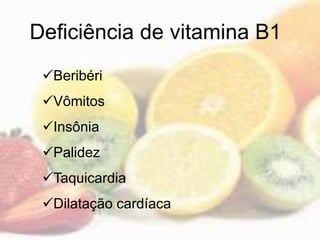 Deficiência de vitamina B1
Beribéri
Vômitos
Insônia
Palidez
Taquicardia
Dilatação cardíaca
 