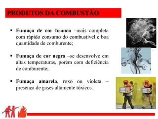 .
PRODUTOS DA COMBUSTÃO
 Fumaça de cor branca –mais completa
com rápido consumo do combustível e boa
quantidade de comburente;
 Fumaça de cor negra –se desenvolve em
altas temperaturas, porém com deficiência
de comburente;
 Fumaça amarela, roxo ou violeta –
presença de gases altamente tóxicos.
 