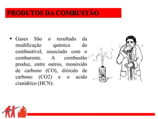 .
PRODUTOS DA COMBUSTÃO
 Gases São o resultado da
modificação química do
combustível, associado com o
comburente. A combustão
produz, entre outros, monóxido
de carbono (CO), dióxido de
carbono (CO2) e o acido
cianídrico (HCN).
 
