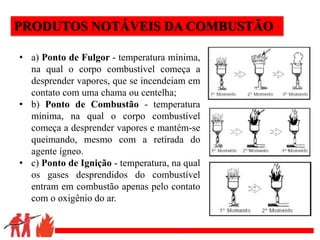 .
PRODUTOS NOTÁVEIS DA COMBUSTÃO
• a) Ponto de Fulgor - temperatura mínima,
na qual o corpo combustível começa a
desprender vapores, que se incendeiam em
contato com uma chama ou centelha;
• b) Ponto de Combustão - temperatura
mínima, na qual o corpo combustível
começa a desprender vapores e mantém-se
queimando, mesmo com a retirada do
agente ígneo.
• c) Ponto de Ignição - temperatura, na qual
os gases desprendidos do combustível
entram em combustão apenas pelo contato
com o oxigênio do ar.
 