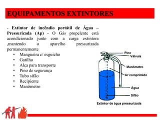 .
EQUIPAMENTOS EXTINTORES
- Extintor de incêndio portátil de Água –
Pressurizada (Ap) - O Gás propelente está
acondicionado junto com a carga extintora
,mantendo o aparelho pressurizada
permanentemente
• Mangueira c/ esguicho
• Gatilho
• Alça para transporte
• Pino de segurança
• Tubo sifão
• Recipiente
• Manômetro
 