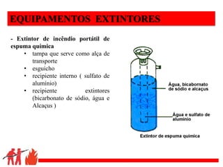 .
EQUIPAMENTOS EXTINTORES
- Extintor de incêndio portátil de
espuma química
• tampa que serve como alça de
transporte
• esguicho
• recipiente interno ( sulfato de
alumínio)
• recipiente extintores
(bicarbonato de sódio, água e
Alcaçus )
 