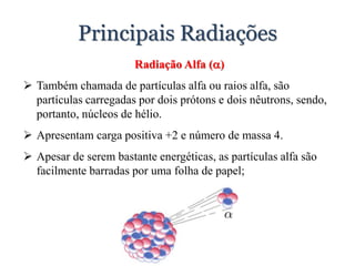 Principais Radiações
Radiação Alfa ()
 Também chamada de partículas alfa ou raios alfa, são
partículas carregadas por dois prótons e dois nêutrons, sendo,
portanto, núcleos de hélio.
 Apresentam carga positiva +2 e número de massa 4.
 Apesar de serem bastante energéticas, as partículas alfa são
facilmente barradas por uma folha de papel;
 