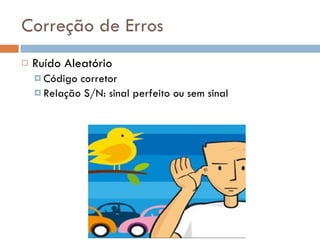 Correção de Erros Ruído Aleatório Código corretor Relação S/N: sinal perfeito ou sem sinal 