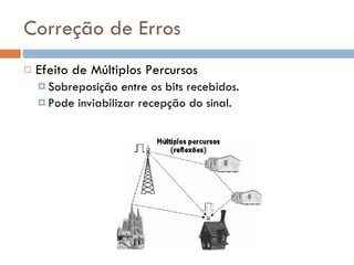 Correção de Erros Efeito de Múltiplos Percursos Sobreposição entre os bits recebidos. Pode inviabilizar recepção do sinal. 
