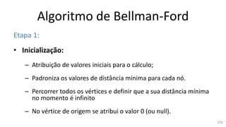 Algoritmo de Bellman-Ford
Etapa 1:
• Inicialização:
– Atribuição de valores iniciais para o cálculo;
– Padroniza os valores de distância mínima para cada nó.
– Percorrer todos os vértices e definir que a sua distância mínima
no momento é infinito
– No vértice de origem se atribui o valor 0 (ou null).
103
 