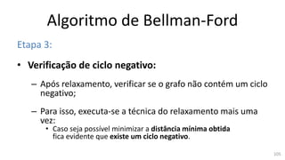 Algoritmo de Bellman-Ford
Etapa 3:
• Verificação de ciclo negativo:
– Após relaxamento, verificar se o grafo não contém um ciclo
negativo;
– Para isso, executa-se a técnica do relaxamento mais uma
vez:
• Caso seja possível minimizar a distância mínima obtida
fica evidente que existe um ciclo negativo.
105
 