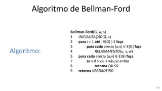 Algoritmo de Bellman-Ford
Algoritmo:
Bellman-Ford(G, w, s)
1 INICIALIZAÇÃO(G, s)
2 para i = 1 até |V[G]|-1 faça
3 para cada aresta (u,v) ∈ E[G] faça
4 RELAXAMENTO(u, v, w)
5 para cada aresta (u,v) ∈ E[G] faça
7 se v.d > v.u + w(u,v) então
8 retorna FALSO
9 retorna VERDADEIRO
119
 