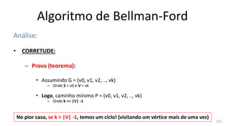 Algoritmo de Bellman-Ford
Análise:
• CORRETUDE:
– Prova (teorema):
• Assumindo G = (v0, v1, v2, .., vk)
– Onde S = v0 e V = vk
• Logo, caminho mínimo P = (v0, v1, v2, .., vk)
– Onde k <= |V| -1
No pior caso, se k > |V| -1, temos um ciclo! (visitando um vértice mais de uma vez)
121
 
