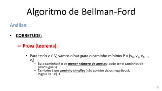Algoritmo de Bellman-Ford
Análise:
• CORRETUDE:
– Prova (teorema):
• Para todo v ∈ V, vamos olhar para o caminho mínimo P = (v0, v1, v2, ..,
vk)
– Este caminho é o de menor número de arestas (pode ter n caminhos de
pesos iguais)
– Também é um caminho simples (não contém ciclos negativos),
logo k <= |V|-1
122
 