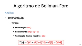 Algoritmo de Bellman-Ford
Análise:
• COMPLEXIDADE:
– Tempo:
• Inicialização: O(V)
• Relaxamento: O((V- 1) * E)
• Verificação de ciclo negativo: O(E)
T(n) = O(V) + O((V-1)*E) + O(E) = O(VE)
128
 