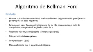 Algoritmo de Bellman-Ford
Conclusão:
• Resolve o problema de caminhos mínimos de única origem no caso geral (arestas
podem possuir peso negativo);
• Retorna um valor Booleano indicando se foi ou não encontrado um ciclo de
comprimento negativo alcançável a partir de s;
• Algoritmo não muito inteligente (similar ao genérico)
• Não permite ciclos negativos;
• Complexidade: O(VE)
• Menos eficiente que o algoritmo de Dijkstra
129
 